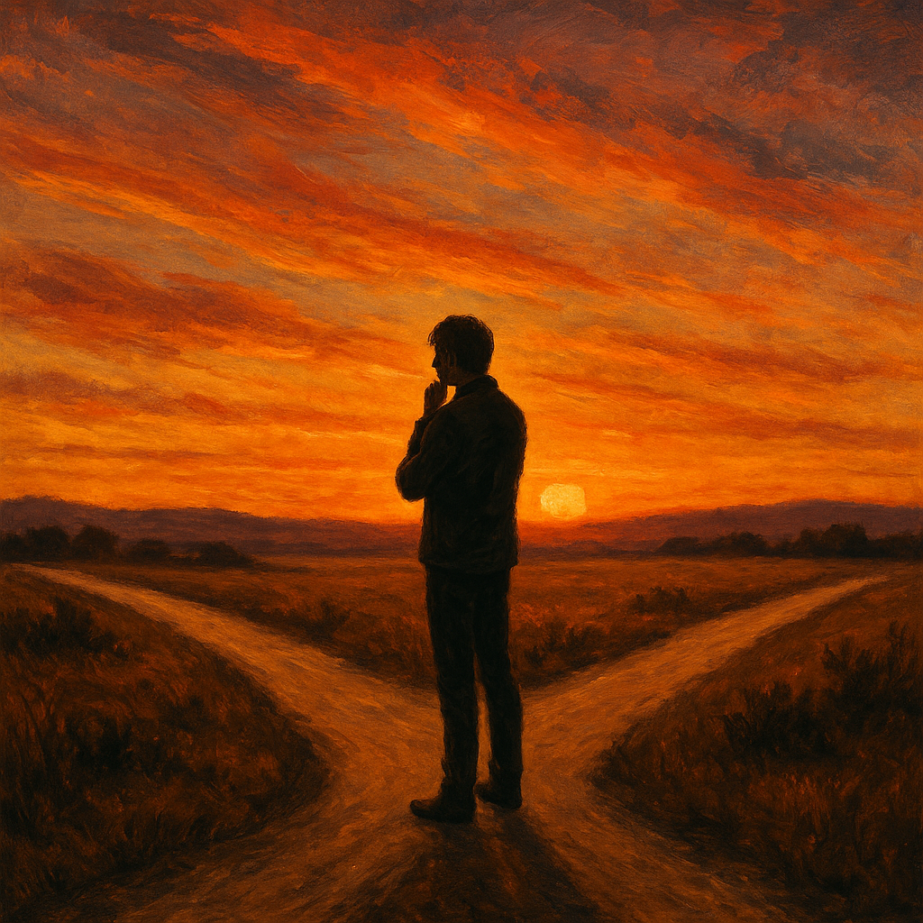 1 Važan korak u životu koji često napravimo previše kasno | A thoughtful person standing at a crossroads with a sunset in the background, contemplating their journey.