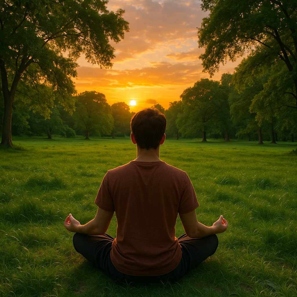10 Dobrih podsjetnika u stresnim vremenima | A tranquil scene of a person meditating in a lush green park during sunset.