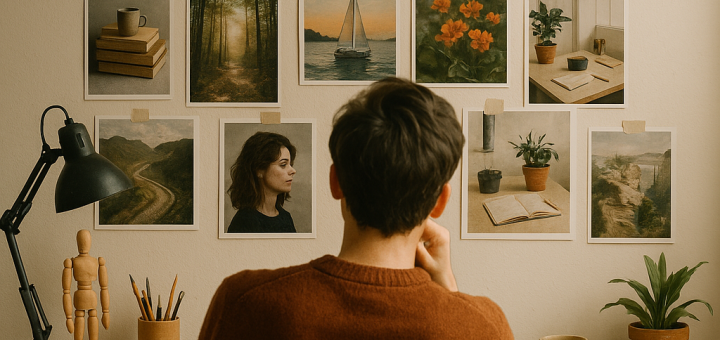 40 Fotografijom Ilustriranih Pitanja za Ponovno Usmjeravanje Uma | A creative workspace with a person contemplating amidst various inspiring photographs on the walls."