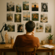 40 Fotografijom Ilustriranih Pitanja za Ponovno Usmjeravanje Uma | A creative workspace with a person contemplating amidst various inspiring photographs on the walls."