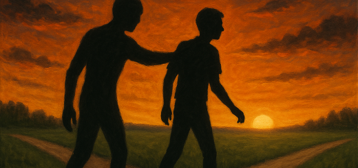 7 Stvari koje ti je strah ukrao (vjerojatno više puta) | A shadowy figure holding back a person standing at a crossroads with a sunset in the background.