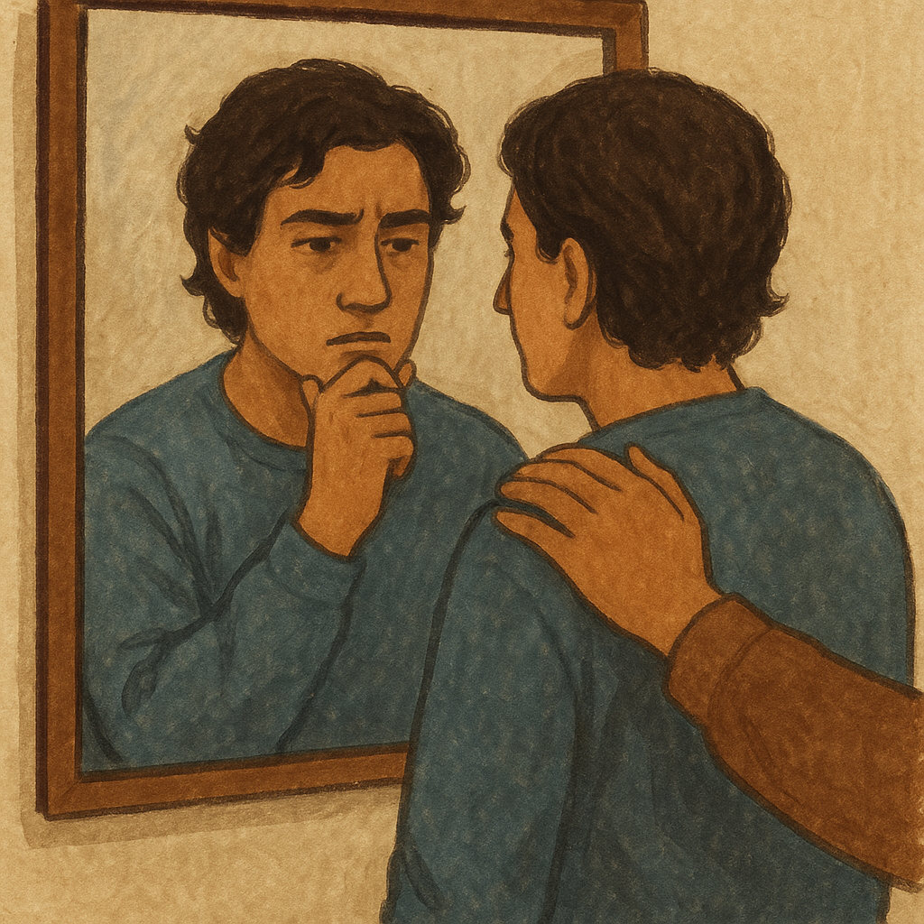 10 Bitnih stvari koje treba zapamtiti kada se osjećate nesigurno i samosvjesno | A person looking in a mirror, contemplating with a supportive hand on their shoulder.