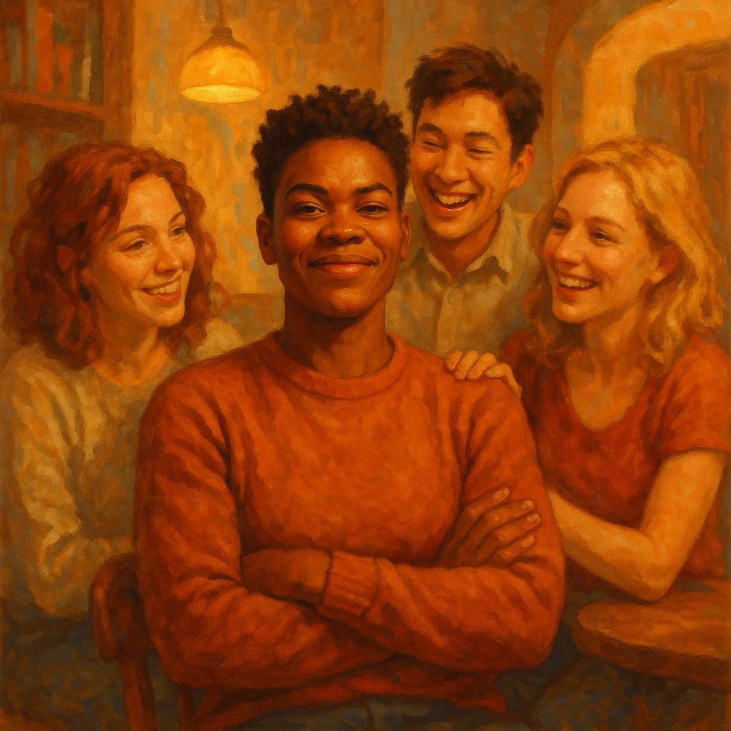 25 Dostojanstvenih i Iskrenih Načina da Impresionirate Sve Oko Sebe | A confident person surrounded by admiring friends in a warm, inviting setting.