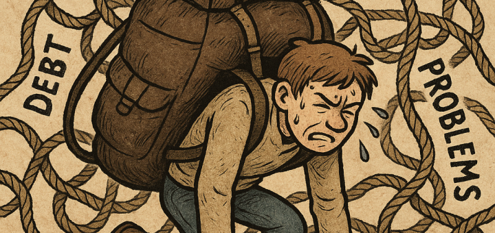 18 Navika koje često čine naš život 98 posto težim | A person struggling under a heavy backpack, surrounded by tangled ropes and challenges.