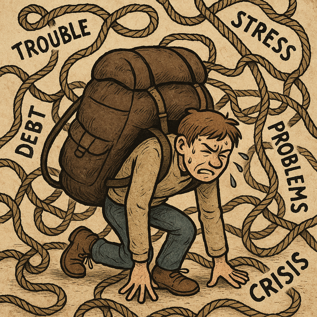 18 Navika koje često čine naš život 98 posto težim | A person struggling under a heavy backpack, surrounded by tangled ropes and challenges.