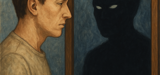 12 Suptilne Prijateljice Samouobmanje koje Često Iscrpljuju Našu Radost u Životu | A person looking into a mirror, with a reflection showing a shadowy version of themselves, symbolizing inner conflict and self-deception."