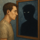 12 Suptilne Prijateljice Samouobmanje koje Često Iscrpljuju Našu Radost u Životu | A person looking into a mirror, with a reflection showing a shadowy version of themselves, symbolizing inner conflict and self-deception."