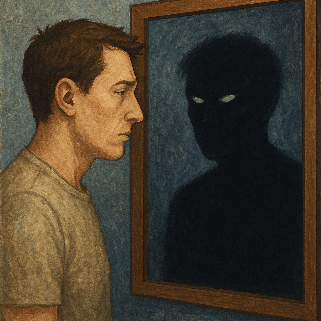 12 Suptilne Prijateljice Samouobmanje koje Često Iscrpljuju Našu Radost u Životu | A person looking into a mirror, with a reflection showing a shadowy version of themselves, symbolizing inner conflict and self-deception."