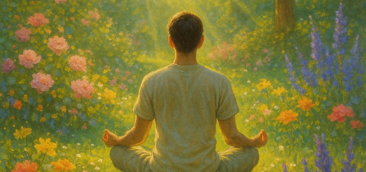 25 Bitnih stvari koje trebate početi raditi za vlastitu sreću i mir uma | A tranquil scene of a person meditating in a sunlit garden surrounded by blooming flowers.
