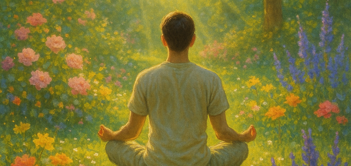 25 Bitnih stvari koje trebate početi raditi za vlastitu sreću i mir uma | A tranquil scene of a person meditating in a sunlit garden surrounded by blooming flowers.