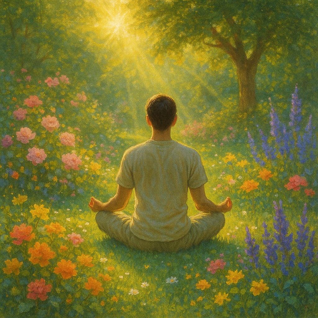 25 Bitnih stvari koje trebate početi raditi za vlastitu sreću i mir uma | A tranquil scene of a person meditating in a sunlit garden surrounded by blooming flowers.
