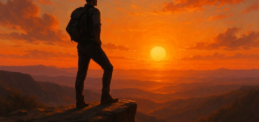 7 Učinkovitih načina kako prestati strahovati od mišljenja drugih | A person standing on a cliff, confidently looking out at the horizon with a sunset in the background.
