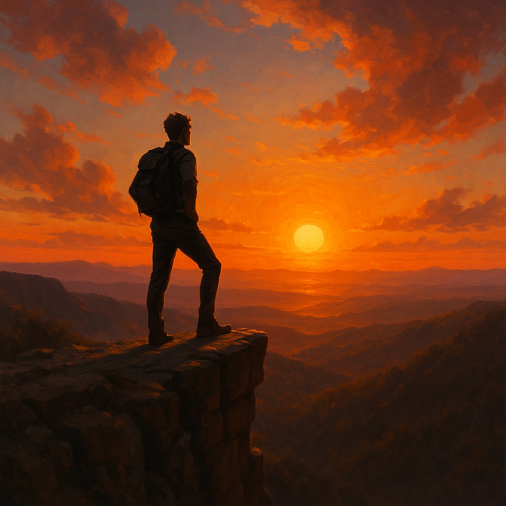 7 Učinkovitih načina kako prestati strahovati od mišljenja drugih | A person standing on a cliff, confidently looking out at the horizon with a sunset in the background.