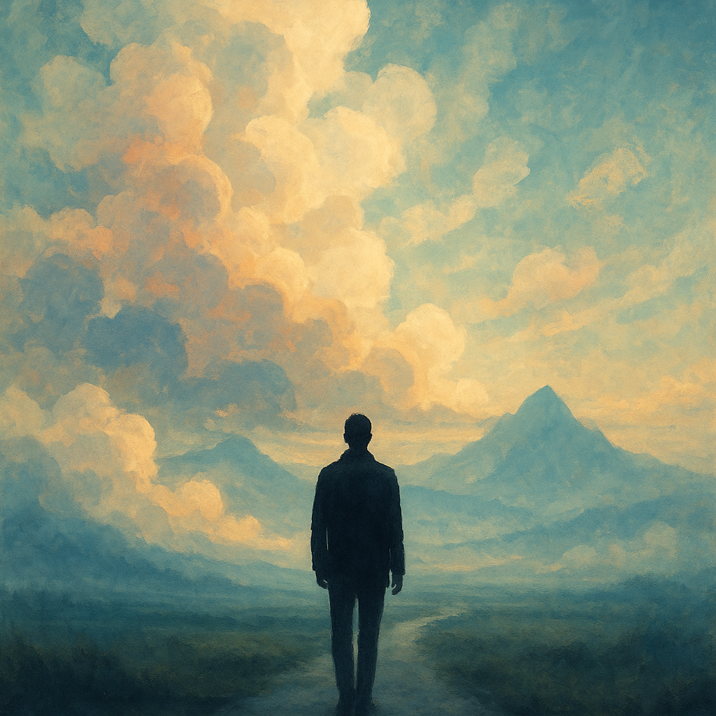6 Iznenađujućih stvari koje su proizašle iz neostvarivanja mojih snova | A shadowed figure standing on a path, with dreamlike clouds and distant mountains, symbolizing reflection and hope.