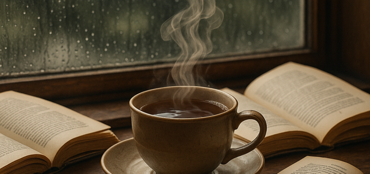 40 Zadovoljstva u životu koja zaboravljamo cijeniti | A cozy scene of a steaming cup of tea on a rainy day, surrounded by open books.