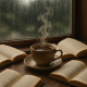 40 Zadovoljstva u životu koja zaboravljamo cijeniti | A cozy scene of a steaming cup of tea on a rainy day, surrounded by open books.