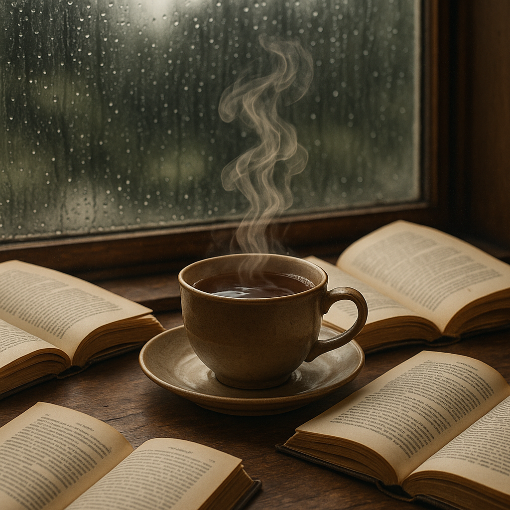 40 Zadovoljstva u životu koja zaboravljamo cijeniti | A cozy scene of a steaming cup of tea on a rainy day, surrounded by open books.